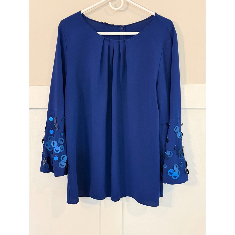 Alfani Blue Embellished Sleeve Blouse XL 3/4 Sleeve Dressy Top - Picture 2 of 8